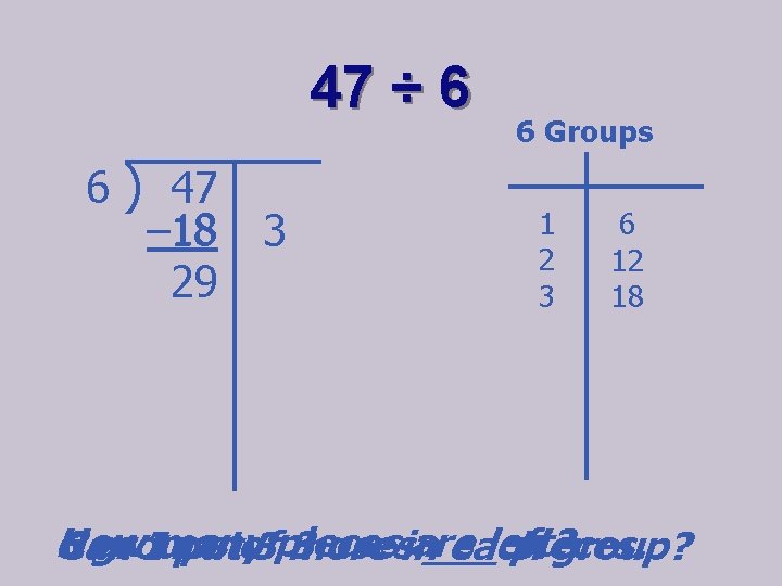 47 ÷ 6 6 ) 47 – 18 18 29 3 6 Groups 1