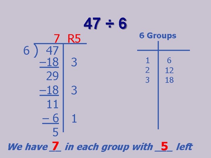 47 ÷ 6 6 Groups 7 R 5 6 ) 47 1 6 –