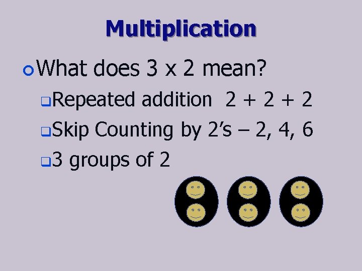 Multiplication ¢ What does 3 x 2 mean? q. Repeated addition 2 + 2