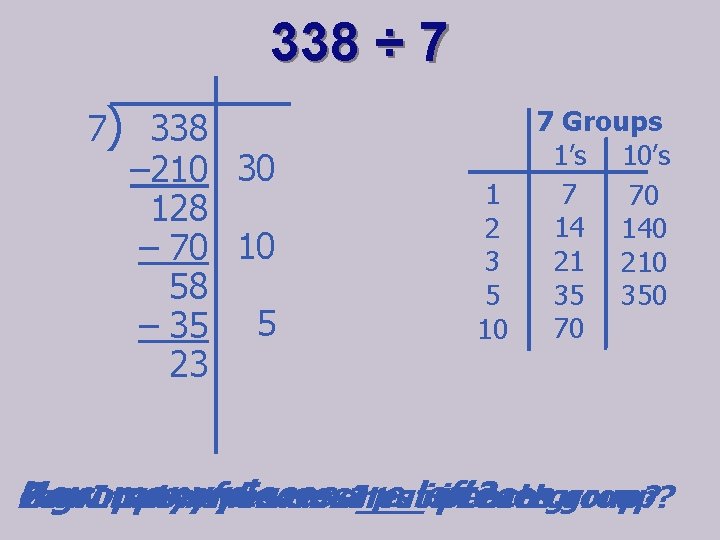 338 ÷ 7 7) 338 – 210 30 128 – 70 10 58 –