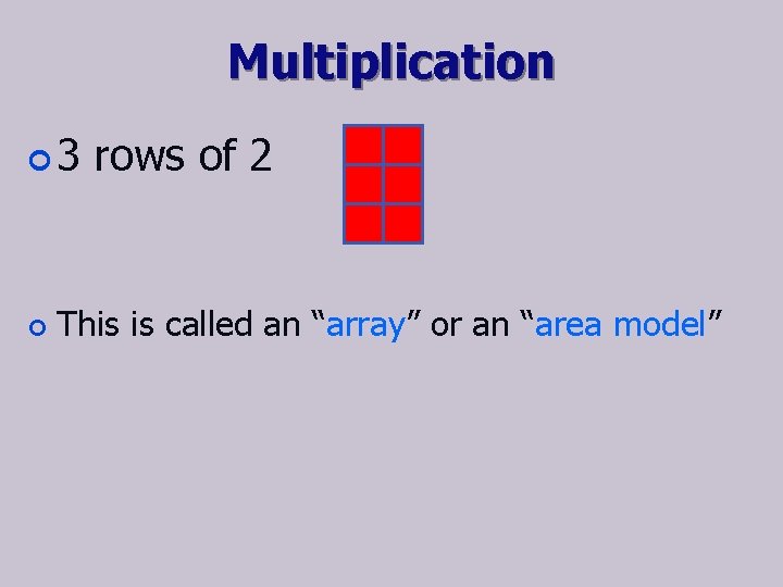 Multiplication ¢ 3 ¢ rows of 2 This is called an “array” or an