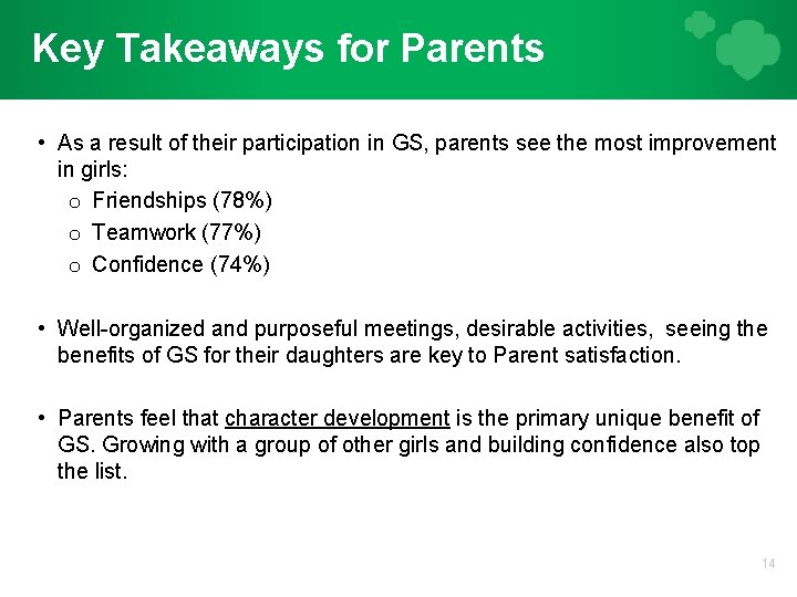Key Takeaways for Parents • As a result of their participation in GS, parents