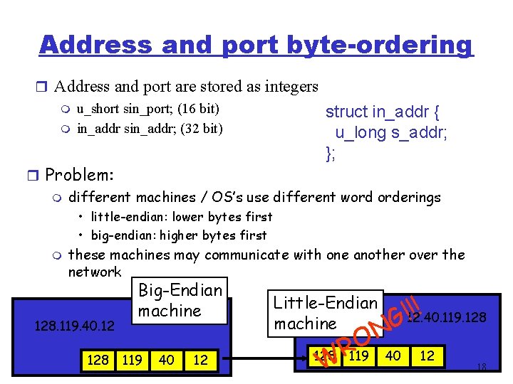 Address and port byte-ordering r Address and port are stored as integers m u_short