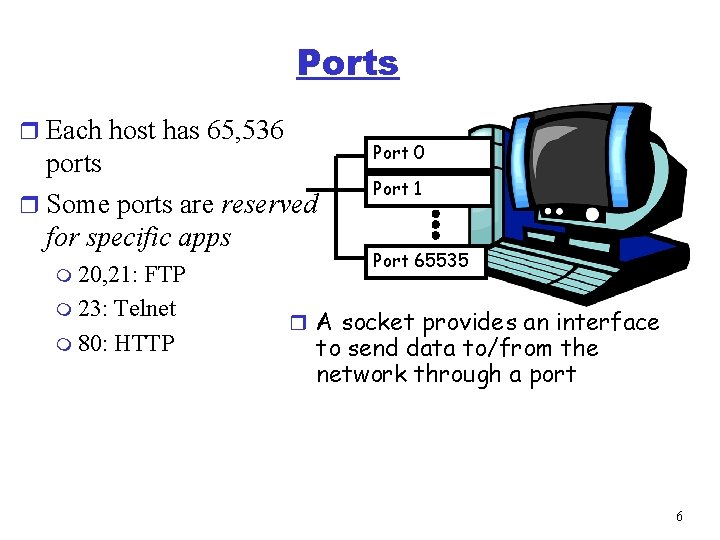 Ports r Each host has 65, 536 ports r Some ports are reserved for