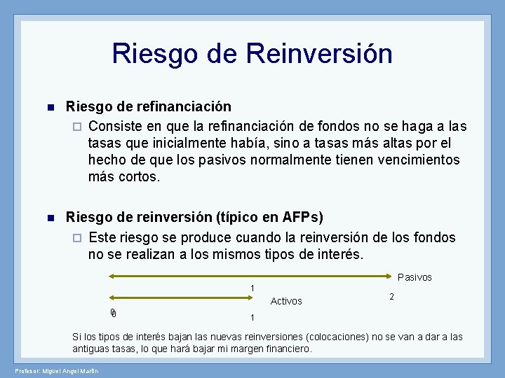 Riesgo de Reinversión n Riesgo de refinanciación ¨ Consiste en que la refinanciación de