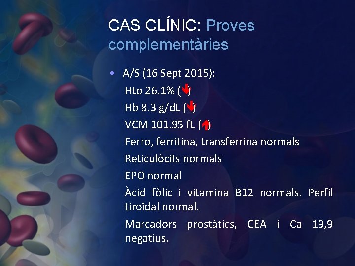 CAS CLÍNIC: Proves complementàries • A/S (16 Sept 2015): Hto 26. 1% ( )