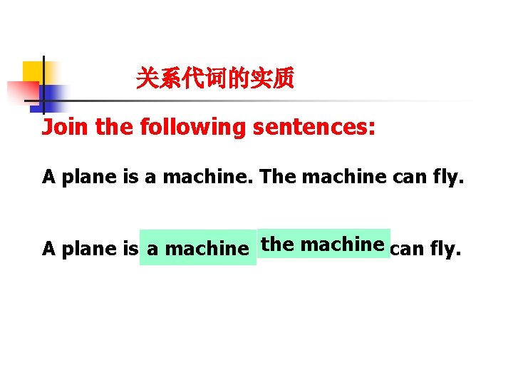 关系代词的实质 Join the following sentences: A plane is a machine. The machine can fly.