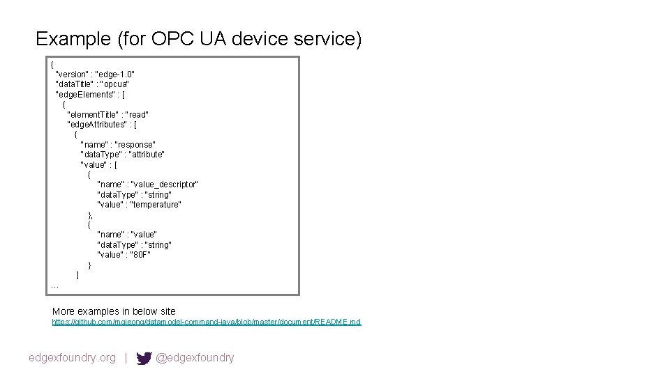 Example (for OPC UA device service) { "version" : "edge-1. 0" "data. Title" :