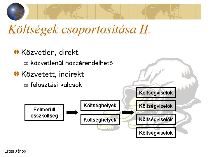 Költségek csoportosítása II. Közvetlen, direkt közvetlenül hozzárendelhető Közvetett, indirekt felosztási kulcsok Költségviselők Felmerült összköltség