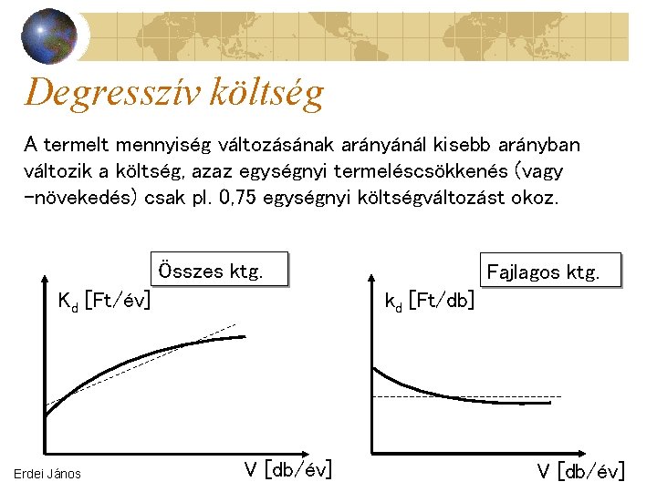 Degresszív költség A termelt mennyiség változásának arányánál kisebb arányban változik a költség, azaz egységnyi