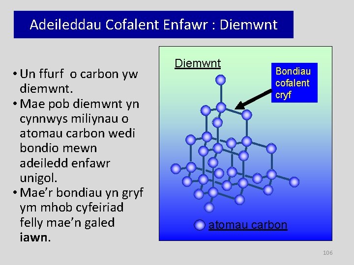 Adeileddau Cofalent Enfawr : Diemwnt • Un ffurf o carbon yw diemwnt. • Mae