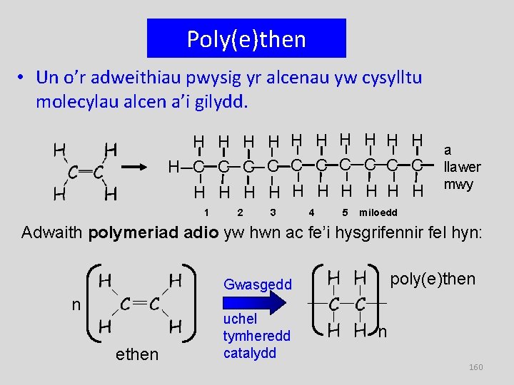 Poly(e)then • Un o’r adweithiau pwysig yr alcenau yw cysylltu molecylau alcen a’i gilydd.