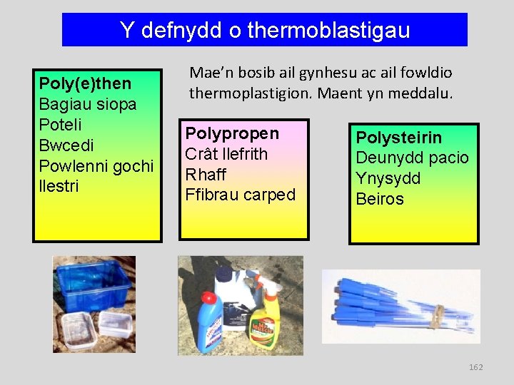 Y defnydd o thermoblastigau Poly(e)then Bagiau siopa Poteli Bwcedi Powlenni gochi llestri Mae’n bosib