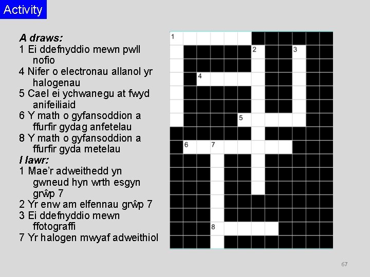 Activity A draws: 1 Ei ddefnyddio mewn pwll nofio 4 Nifer o electronau allanol