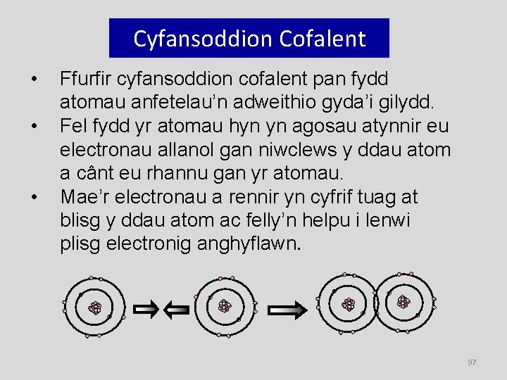 Cyfansoddion Cofalent • • • Ffurfir cyfansoddion cofalent pan fydd atomau anfetelau’n adweithio gyda’i