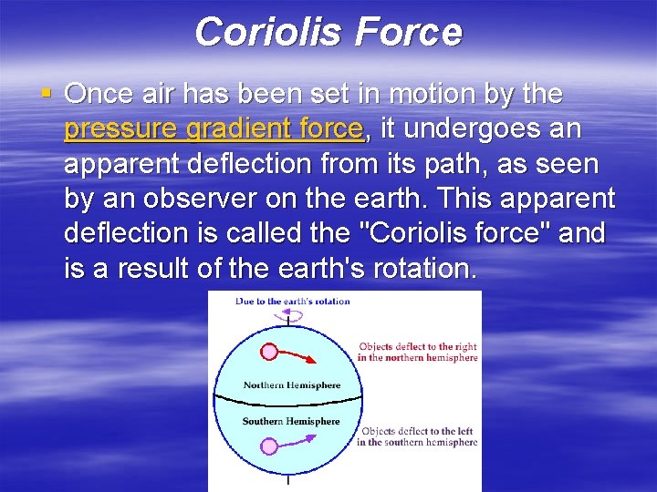 Coriolis Force § Once air has been set in motion by the pressure gradient