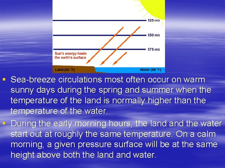 § Sea-breeze circulations most often occur on warm sunny days during the spring and