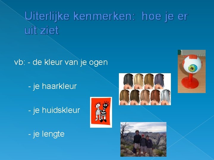 Uiterlijke kenmerken: hoe je er uit ziet vb: - de kleur van je ogen