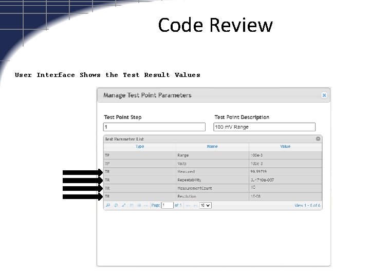 Code Review User Interface Shows the Test Result Values 