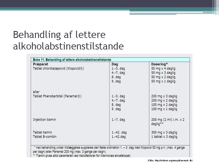 Behandling af lettere alkoholabstinenstilstande Kilde: http: //infonet. regionsyddanmark. dk/ 