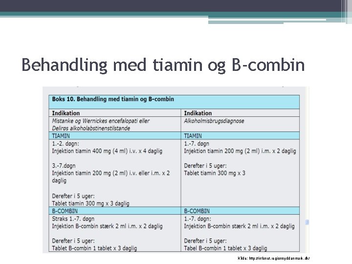 Behandling med tiamin og B-combin Kilde: http: //infonet. regionsyddanmark. dk/ 