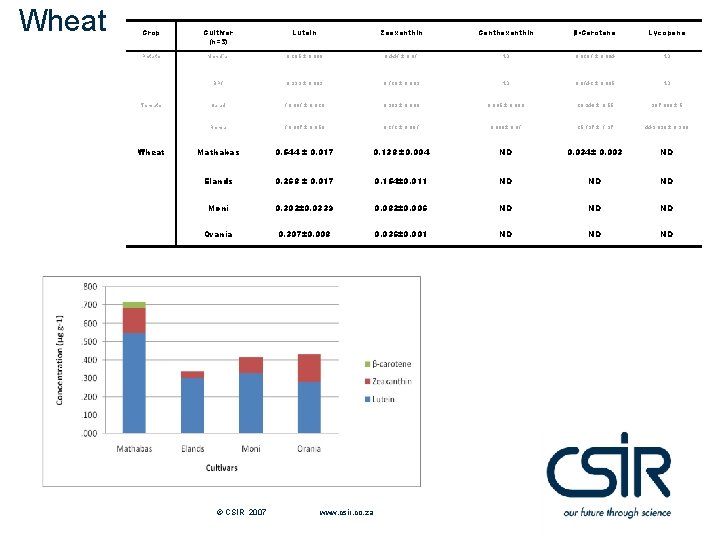 Wheat Crop Cultivar (n=3) Lutein Zeaxanthin Canthaxanthin β-Carotene Lycopene Potato Mondial 0. 265 ±