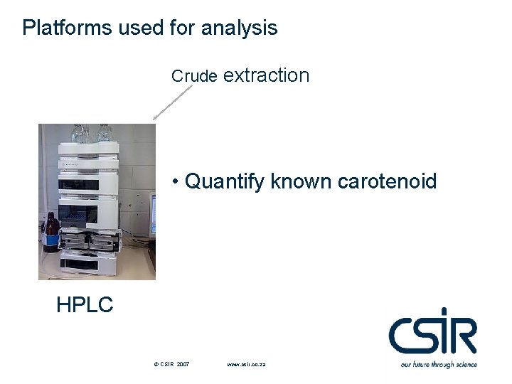 Platforms used for analysis Crude extraction • Quantify known carotenoid HPLC © CSIR 2007