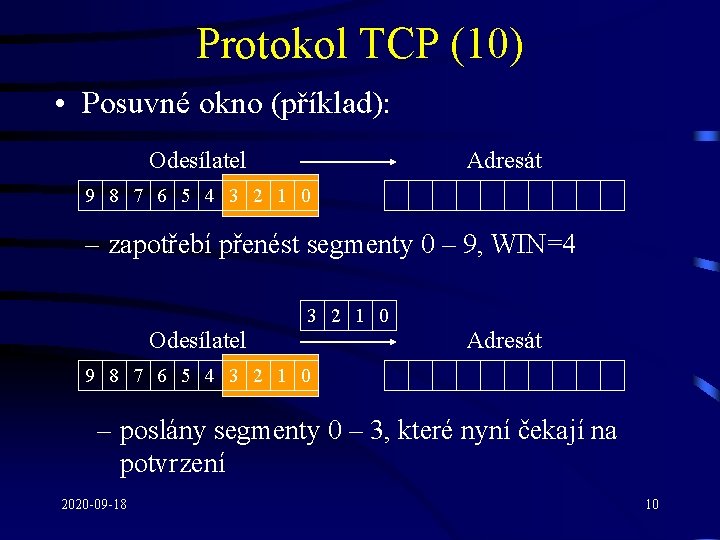 Protokol TCP (10) • Posuvné okno (příklad): Odesílatel Adresát 9 8 7 6 5