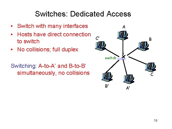 Switches: Dedicated Access • Switch with many interfaces • Hosts have direct connection to