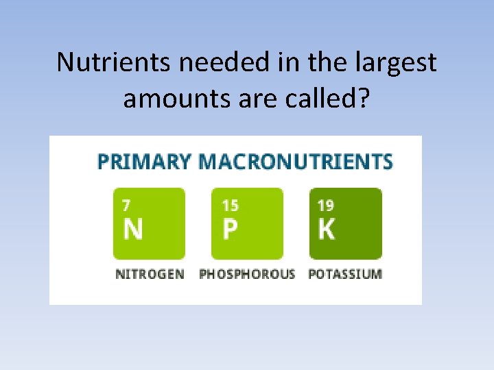 Nutrients needed in the largest amounts are called? 