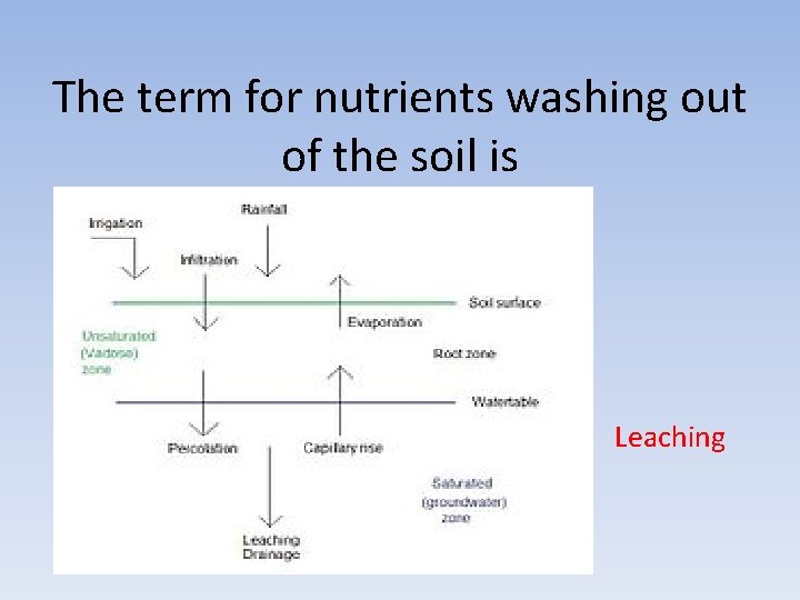 The term for nutrients washing out of the soil is Leaching 