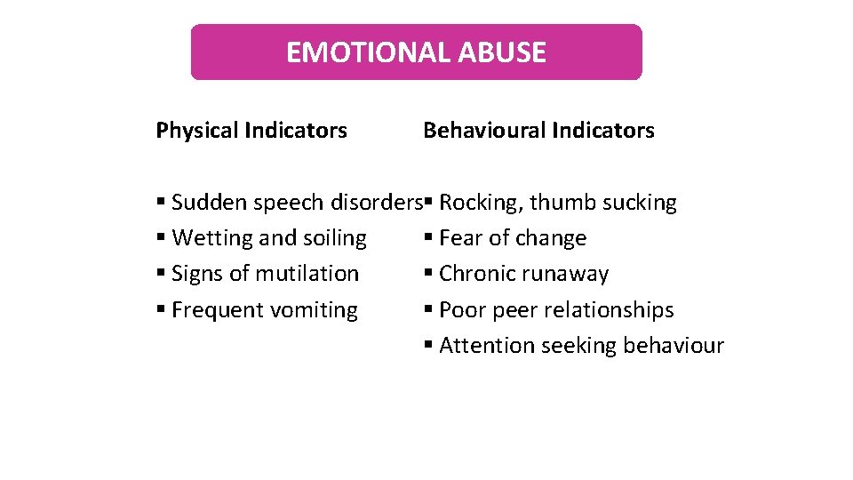 EMOTIONAL ABUSE Physical Indicators Behavioural Indicators § Sudden speech disorders§ Rocking, thumb sucking §