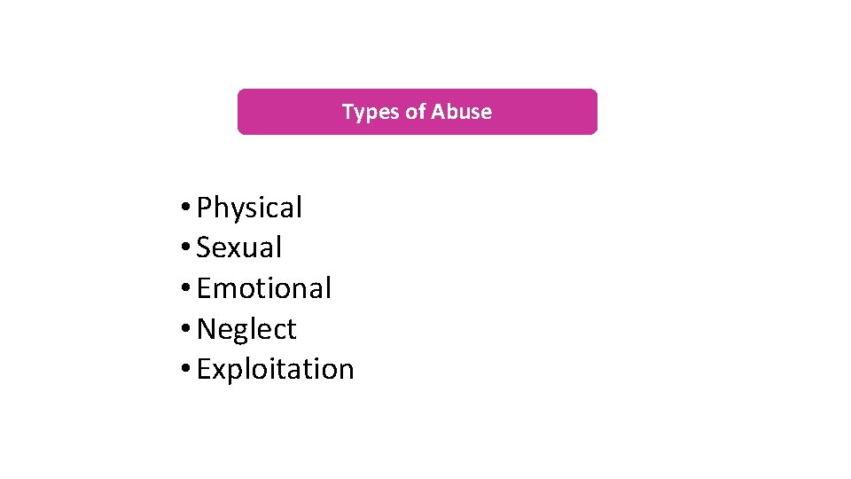 Types of Abuse • Physical • Sexual • Emotional • Neglect • Exploitation 