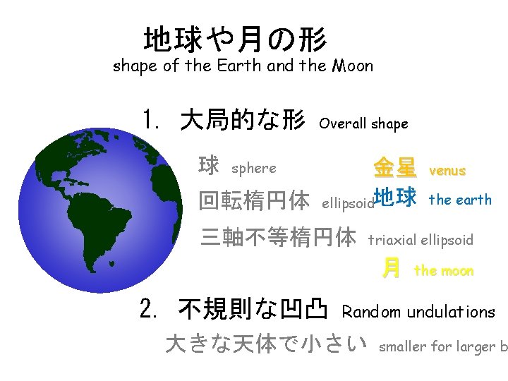 地球や月の形 shape of the Earth and the Moon 1. 大局的な形 球 Overall shape 金星