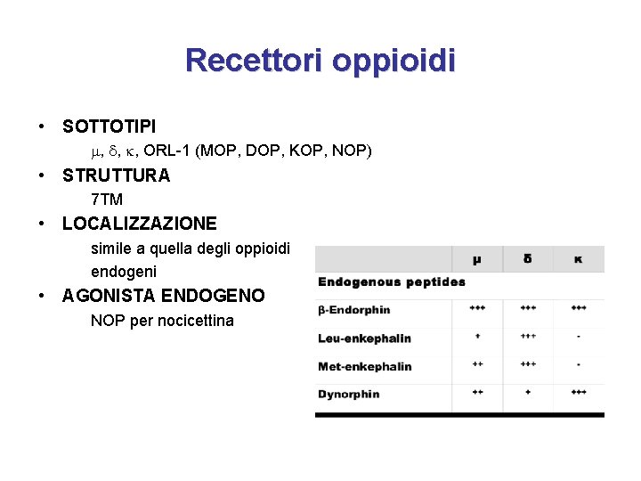 Recettori oppioidi • SOTTOTIPI , d, k, ORL-1 (MOP, DOP, KOP, NOP) • STRUTTURA