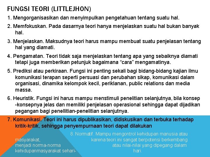 FUNGSI TEORI (LITTLEJHON) 1. Mengorganisasikan dan menyimpulkan pengetahuan tentang suatu hal. 2. Memfokuskan. Pada FUNGSI TEORI (LITTLEJHON) 1. Mengorganisasikan dan menyimpulkan pengetahuan tentang suatu hal. 2. Memfokuskan. Pada