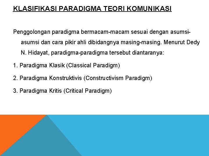 KLASIFIKASI PARADIGMA TEORI KOMUNIKASI Penggolongan paradigma bermacam-macam sesuai dengan asumsi dan cara pikir ahli KLASIFIKASI PARADIGMA TEORI KOMUNIKASI Penggolongan paradigma bermacam-macam sesuai dengan asumsi dan cara pikir ahli