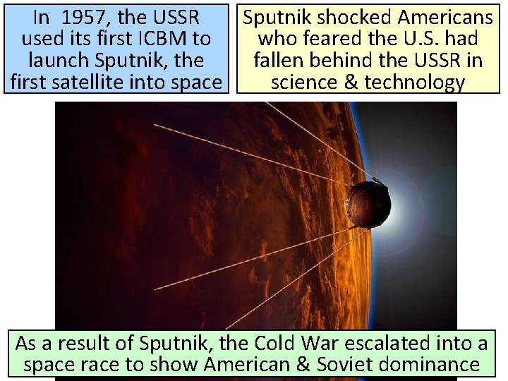 In 1957, the USSR Sputnik shocked Americans used its first ICBM to who feared