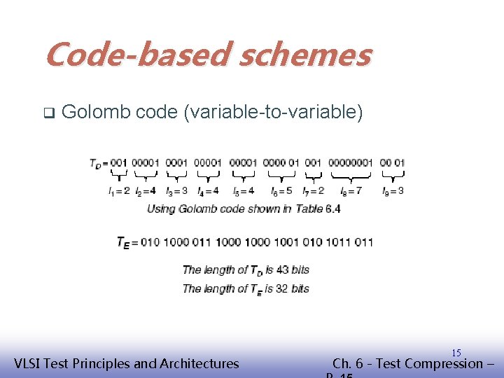 Code-based schemes q Golomb code (variable-to-variable) EE 141 VLSI Test Principles and Architectures 15
