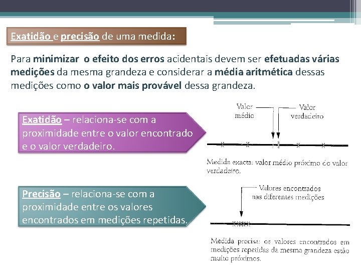 Exatidão e precisão de uma medida: Para minimizar o efeito dos erros acidentais devem