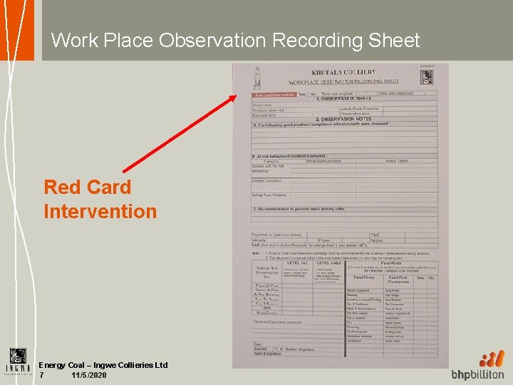 Work Place Observation Recording Sheet Red Card Intervention Energy Coal – Ingwe Collieries Ltd
