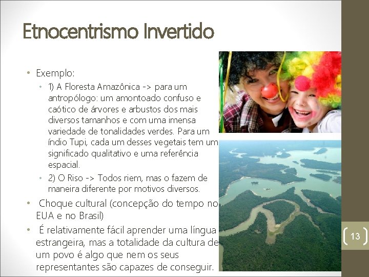 Etnocentrismo Invertido • Exemplo: • 1) A Floresta Amazônica -> para um antropólogo: um