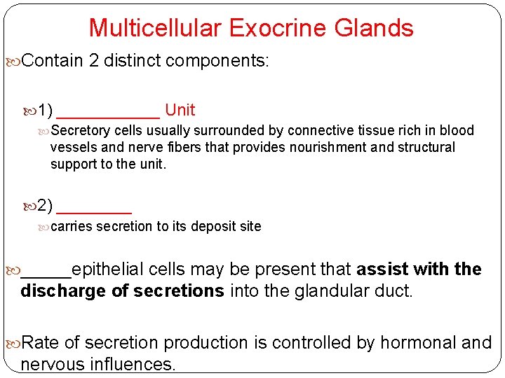 Multicellular Exocrine Glands Contain 2 distinct components: 1) ______ Unit Secretory cells usually surrounded