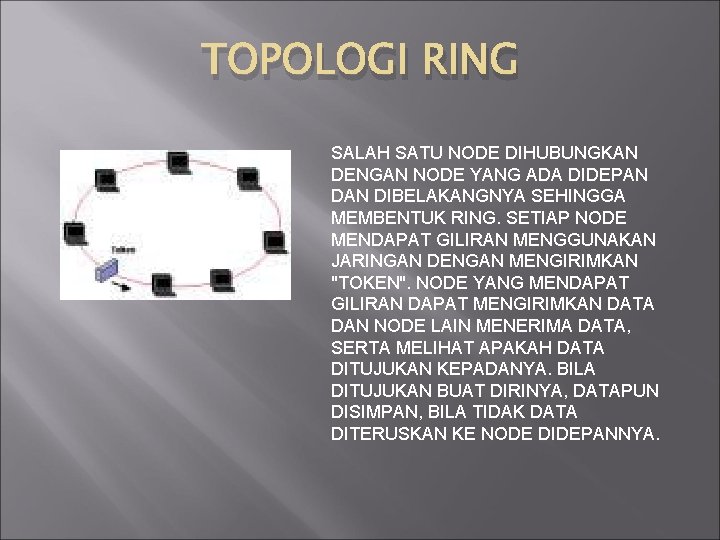 TOPOLOGI RING SALAH SATU NODE DIHUBUNGKAN DENGAN NODE YANG ADA DIDEPAN DIBELAKANGNYA SEHINGGA MEMBENTUK TOPOLOGI RING SALAH SATU NODE DIHUBUNGKAN DENGAN NODE YANG ADA DIDEPAN DIBELAKANGNYA SEHINGGA MEMBENTUK