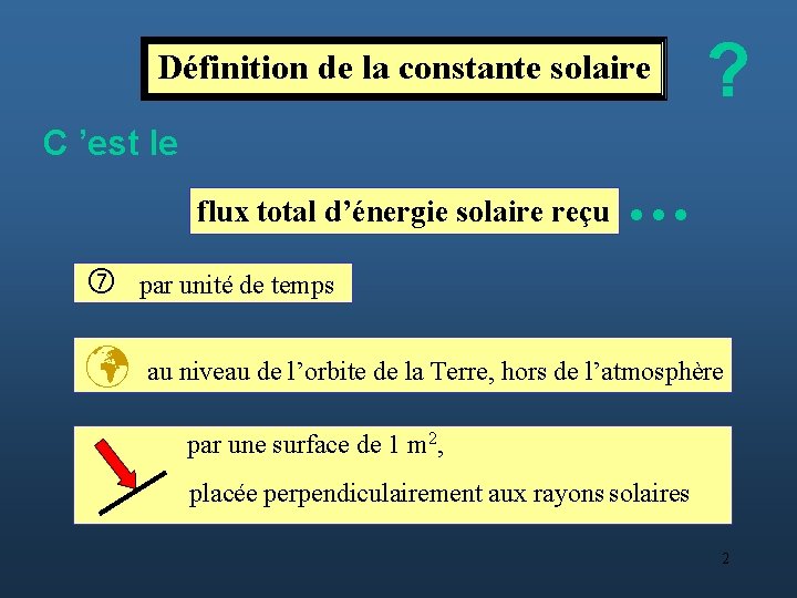 Définition de la constante solaire C ’est le flux total d’énergie solaire reçu ?