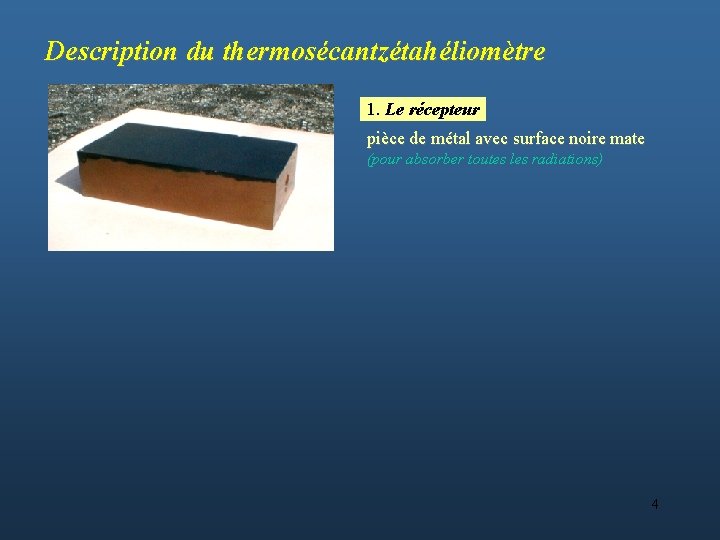 Description du thermosécantzétahéliomètre 1. Le récepteur pièce de métal avec surface noire mate (pour