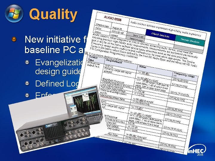 Quality New initiative from Microsoft to improve baseline PC audio fidelity Evangelization of board/device