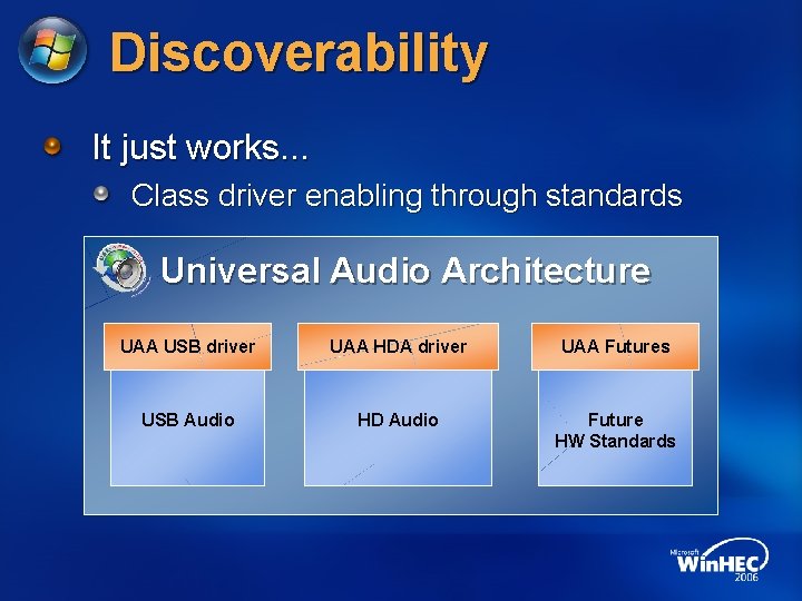 Discoverability It just works. . . Class driver enabling through standards Universal Audio Architecture