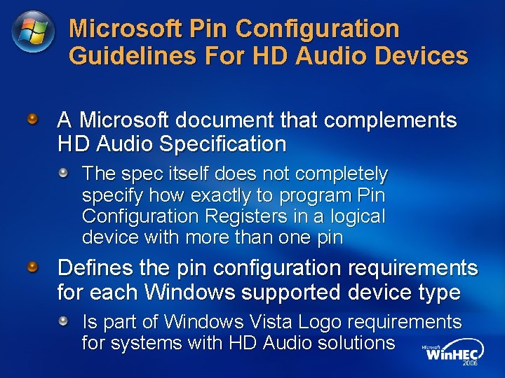 Microsoft Pin Configuration Guidelines For HD Audio Devices A Microsoft document that complements HD