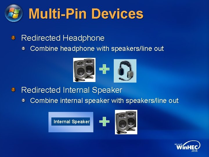 Multi-Pin Devices Redirected Headphone Combine headphone with speakers/line out Redirected Internal Speaker Combine internal